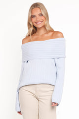 Kenny Off Shoulder Knit Sweater - Pale Blue