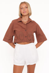 Williams Cropped Eyelet Button Up Shirt - Brown