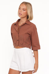 Williams Cropped Eyelet Button Up Shirt - Brown