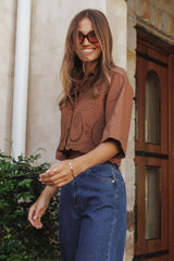 Williams Cropped Eyelet Button Up Shirt - Brown
