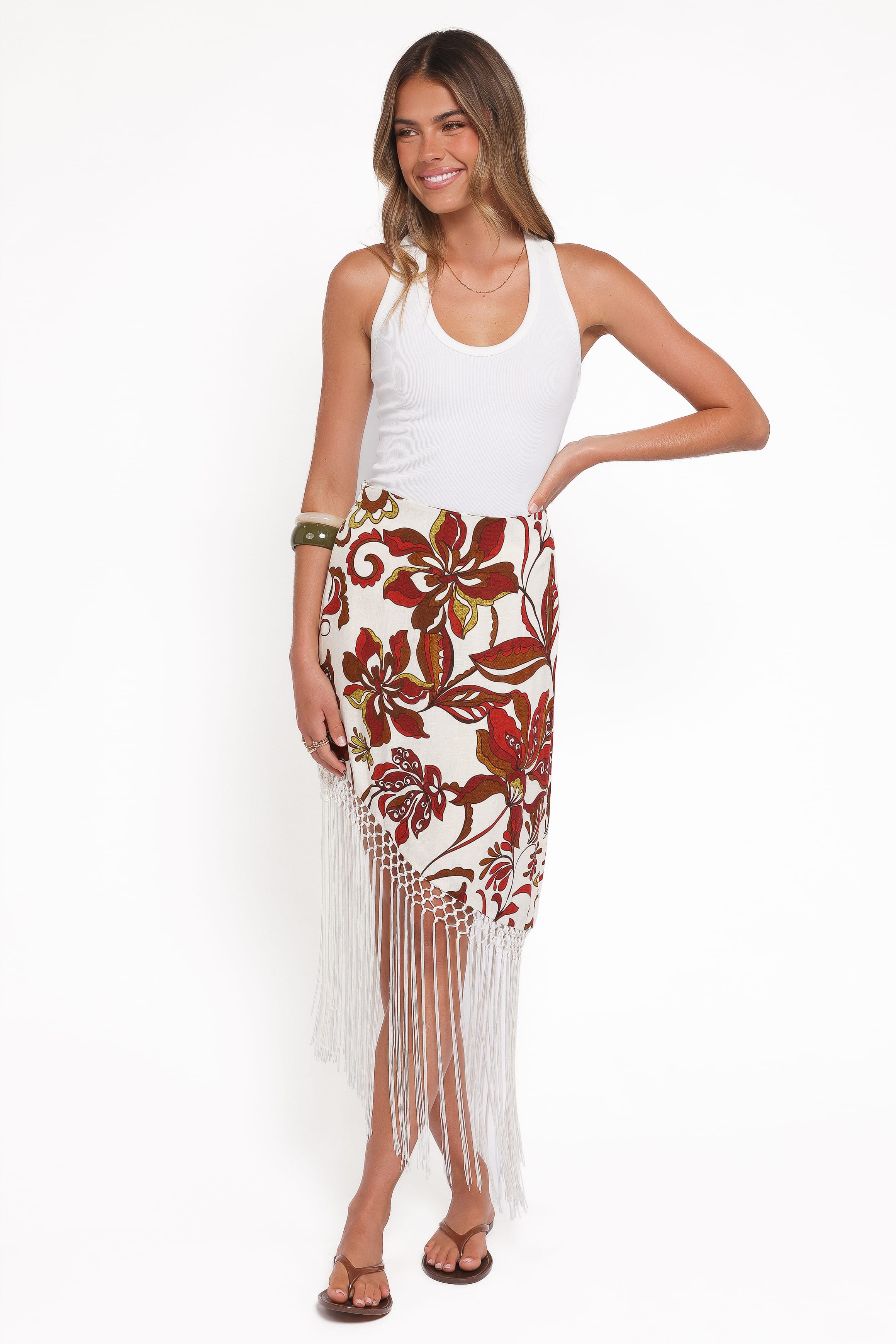 Shelby Midi Fringe Skirt - Brown Floral