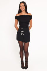 Tyra Mini Skirt With Embellished Bows - Black