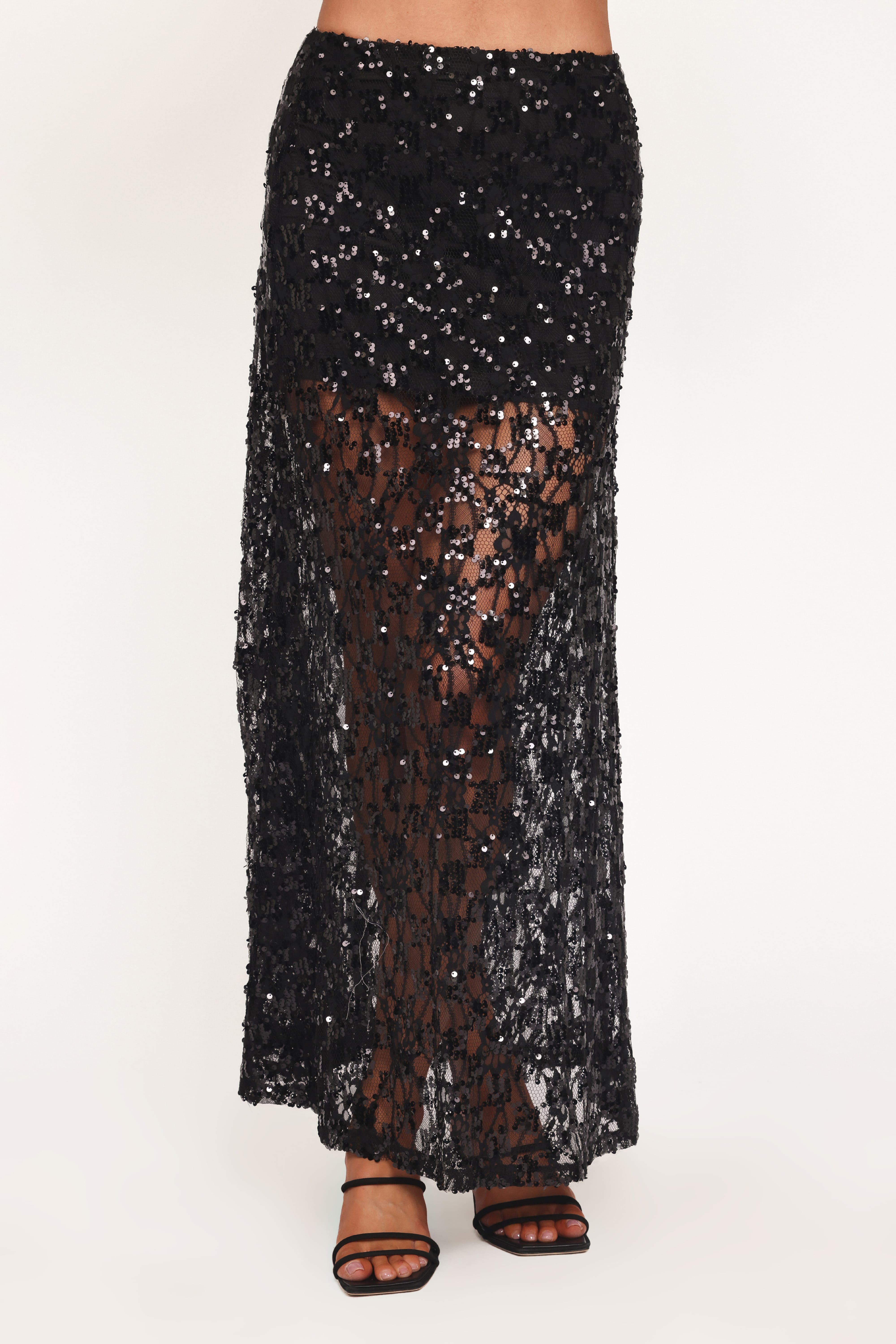 Yonder Sheer Panel Lace Maxi Skirt - Black