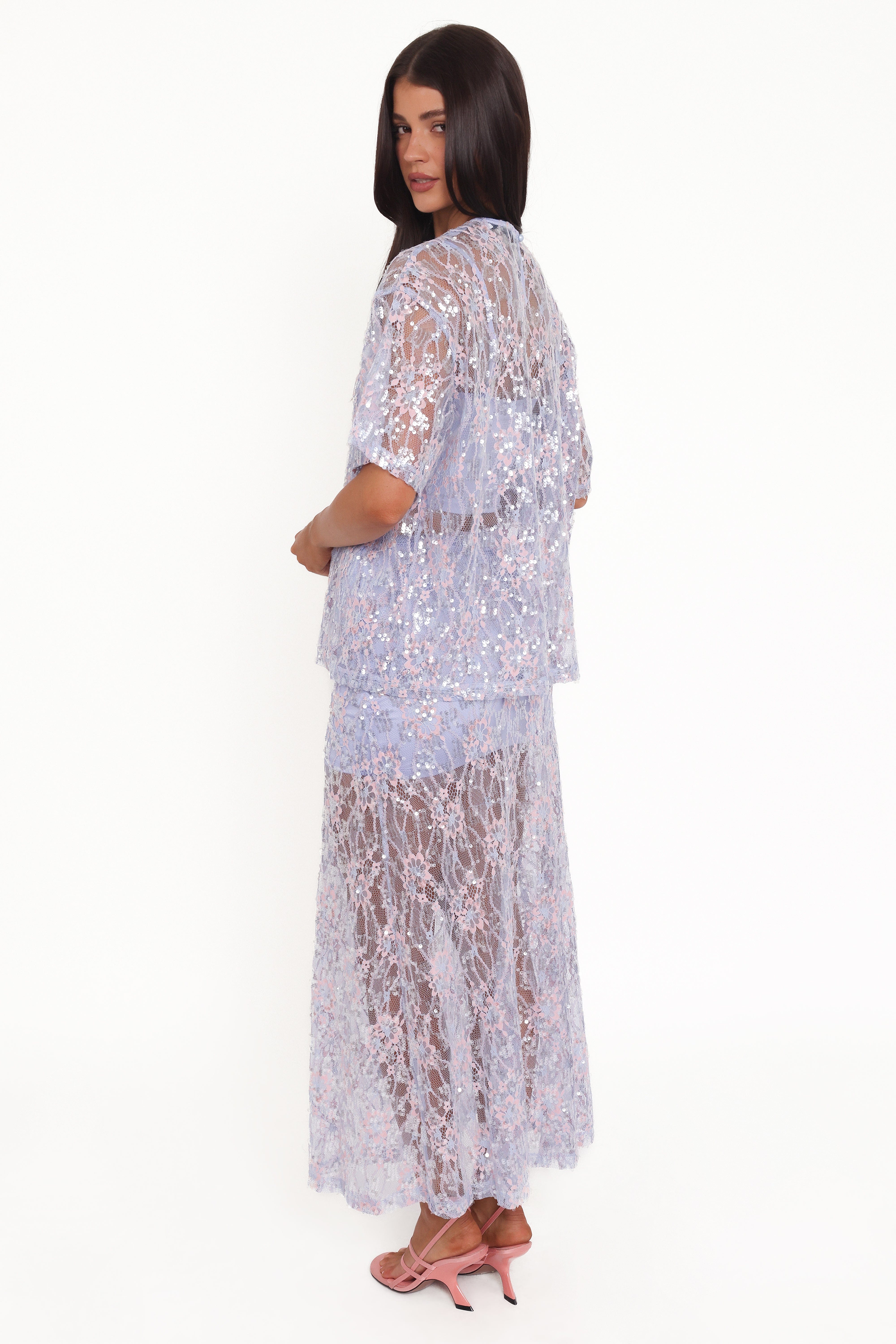Yonder Sheer Panel Lace Maxi Skirt - Purple