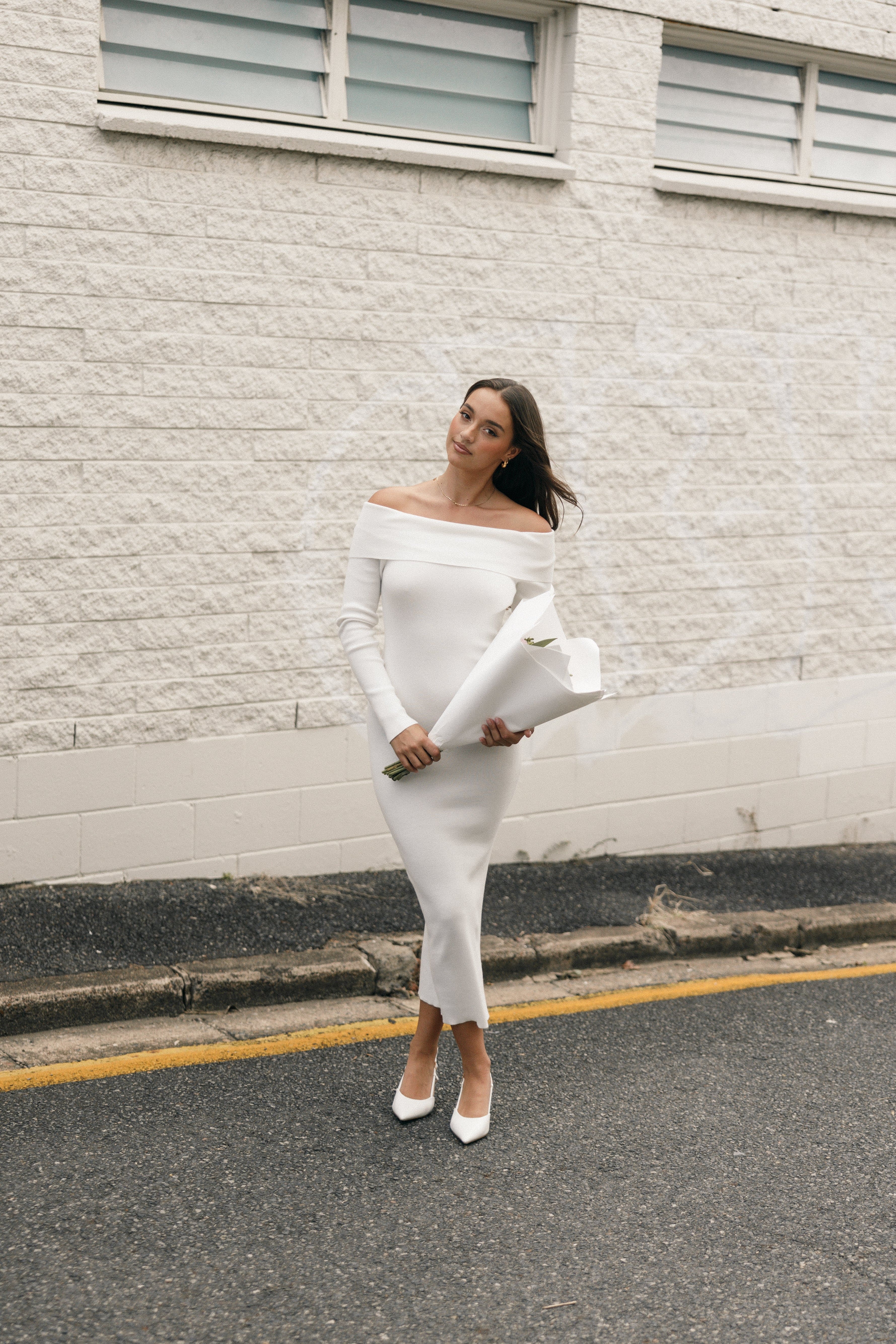 Archie Off the Shoulder Midi Dress - White
