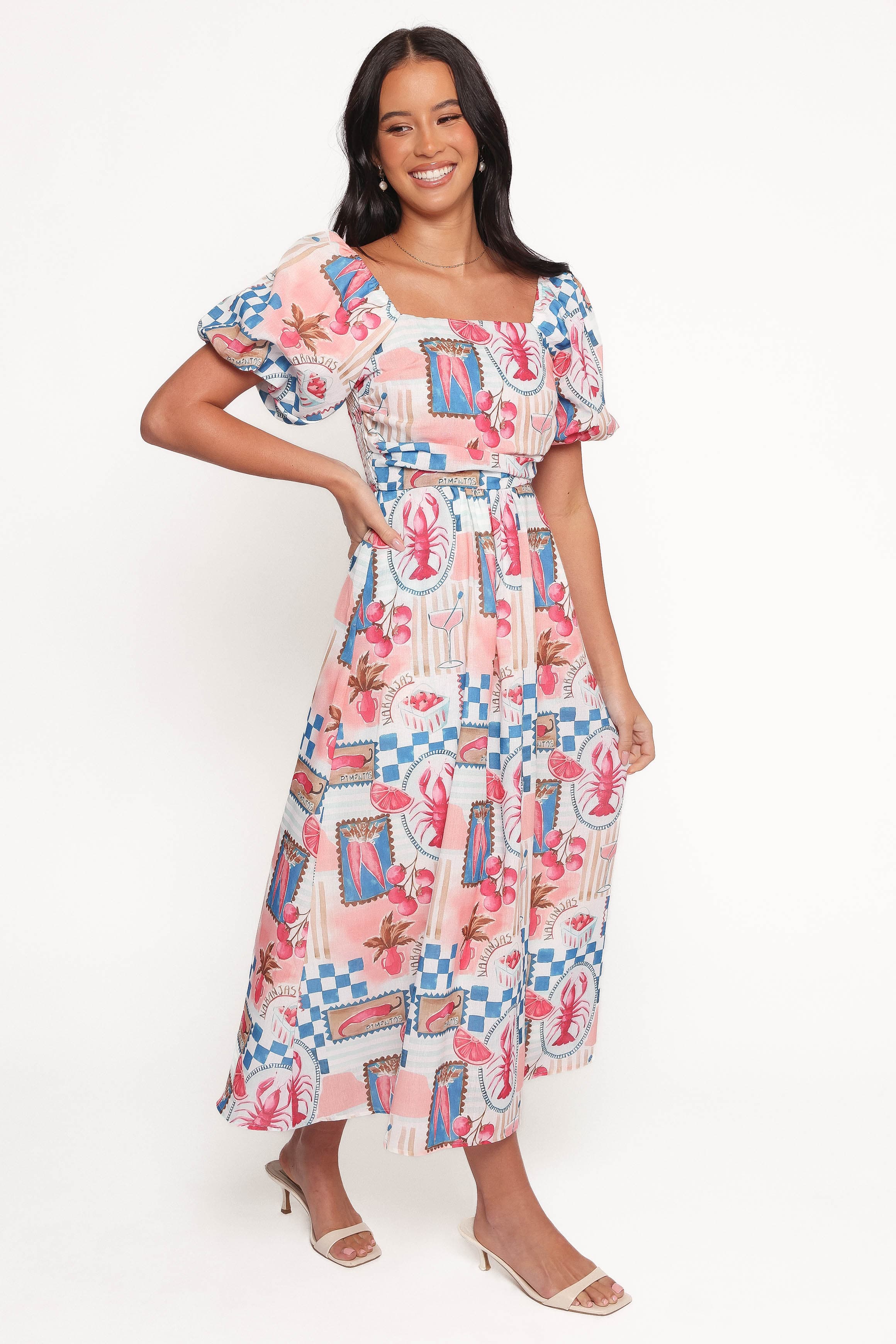 Clo Puff Sleeve Midi Dress - Pink Blue