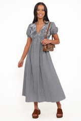Ilyana Short Sleeve Maxi Dress - Navy Gingham