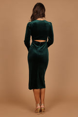 Lisse Twist Front Long Sleeve Velvet Midi Dress - Emerald