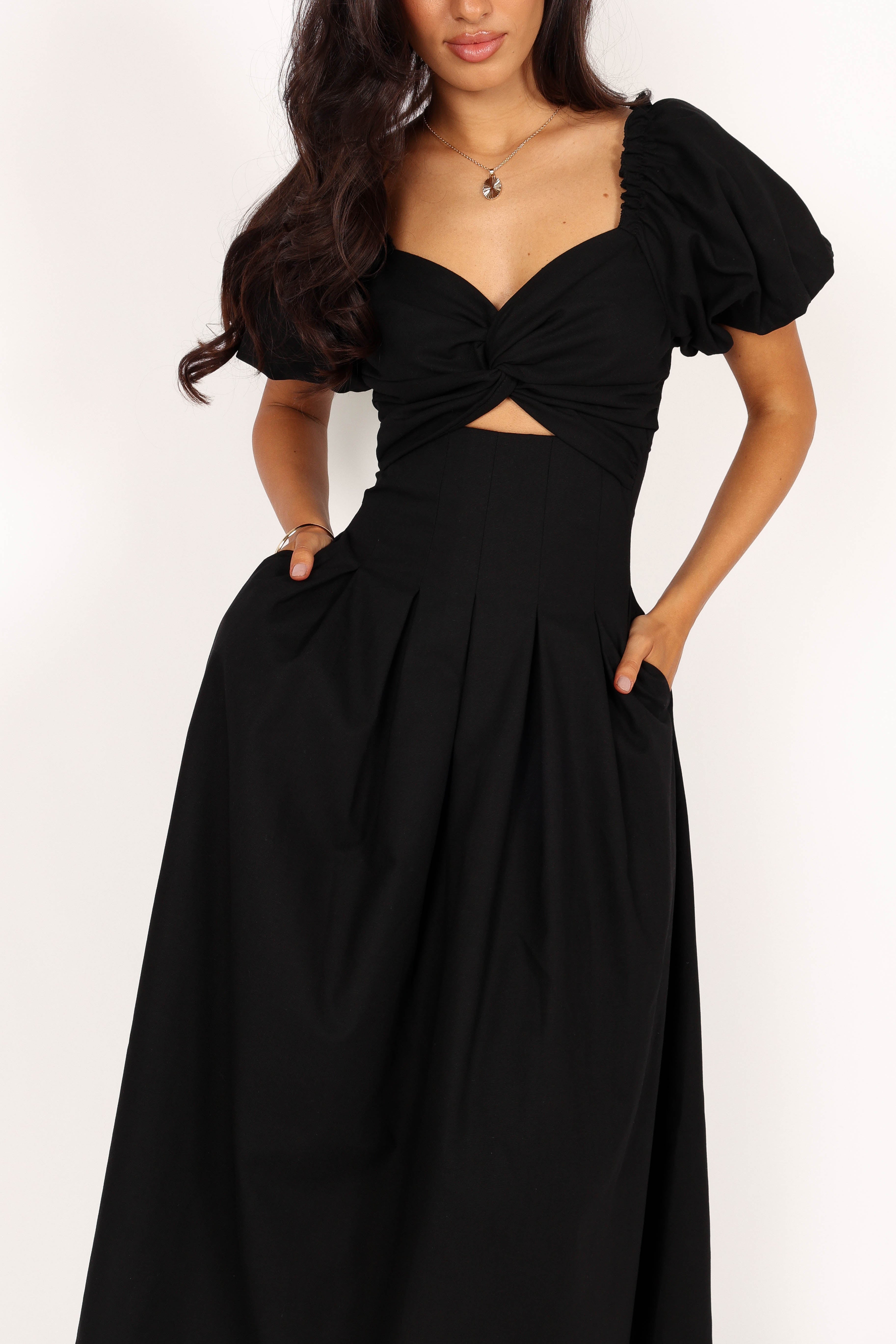 Maria Puff Sleeve Midi Dress - Black