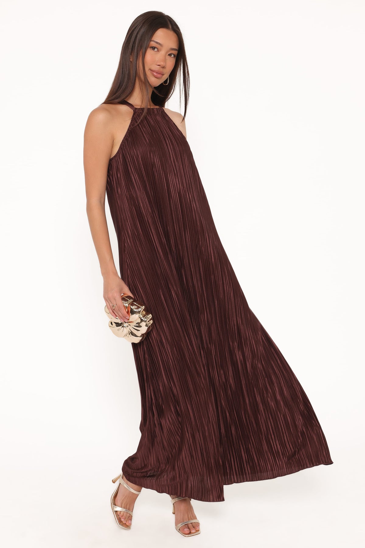 Melody Plisse Halter Maxi Dress - Brown