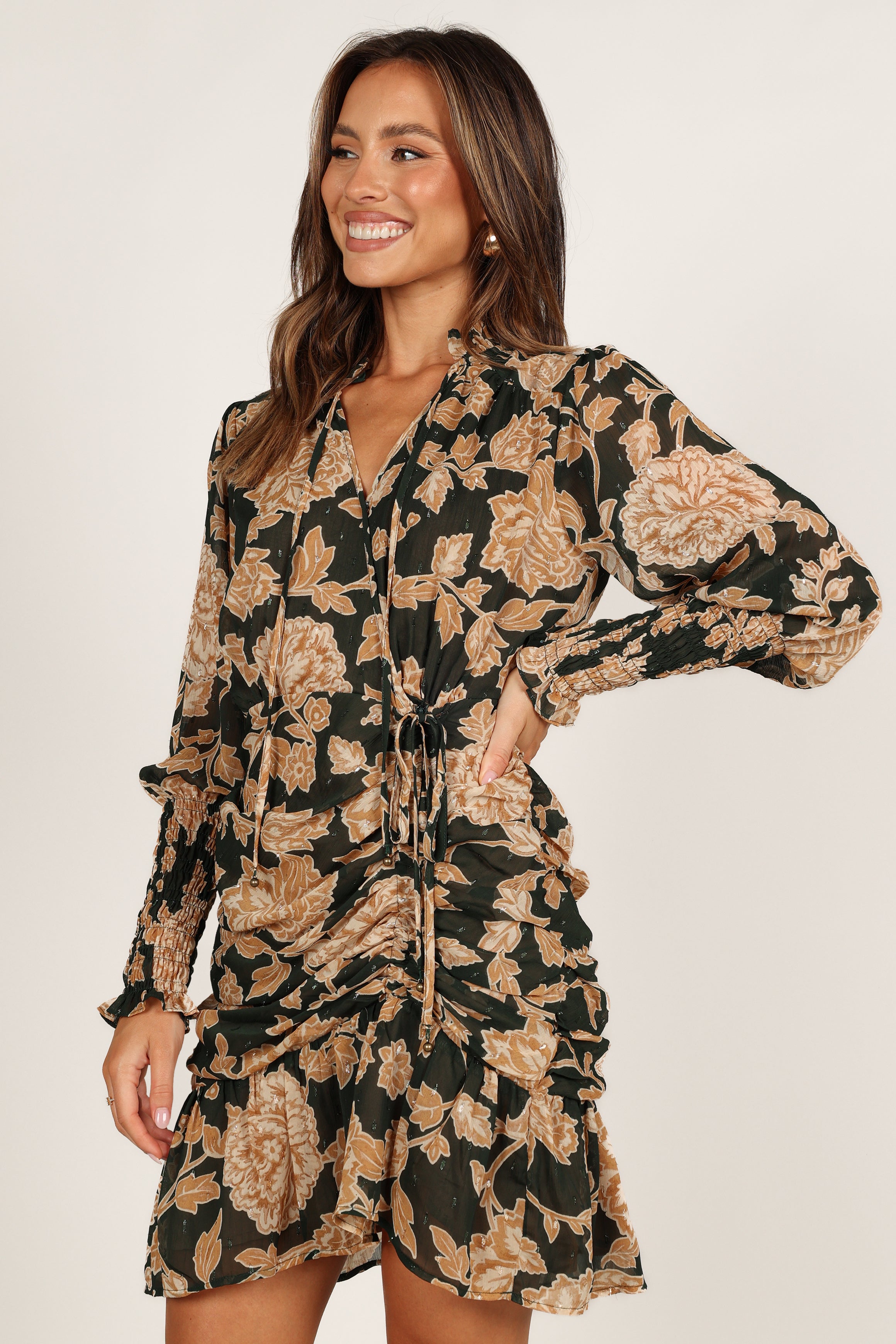 Micha Ruched High Neck Mini Dress - Pine/Gold