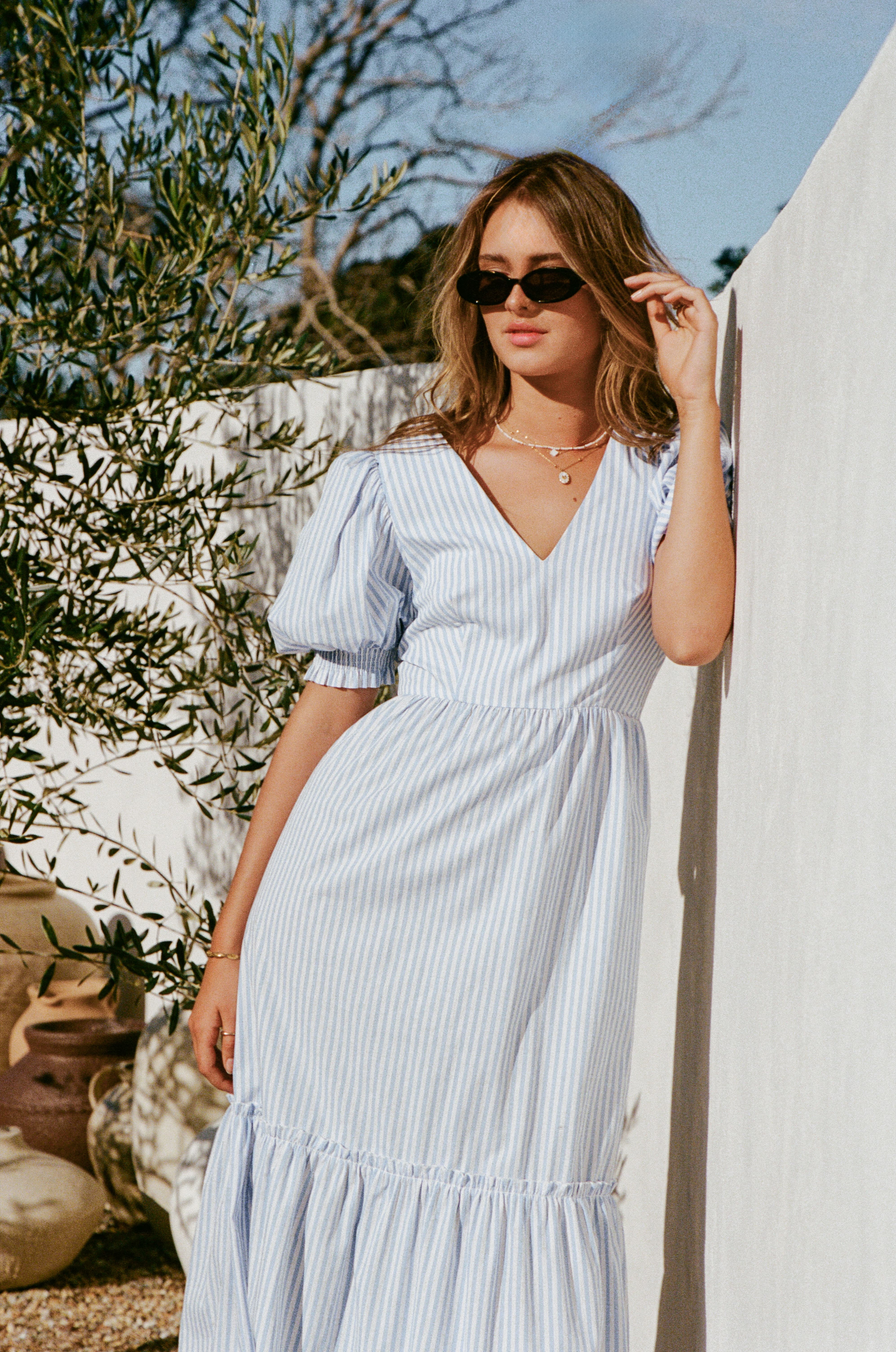 Steele Puff Sleeve Midi Dress - Blue Stripe