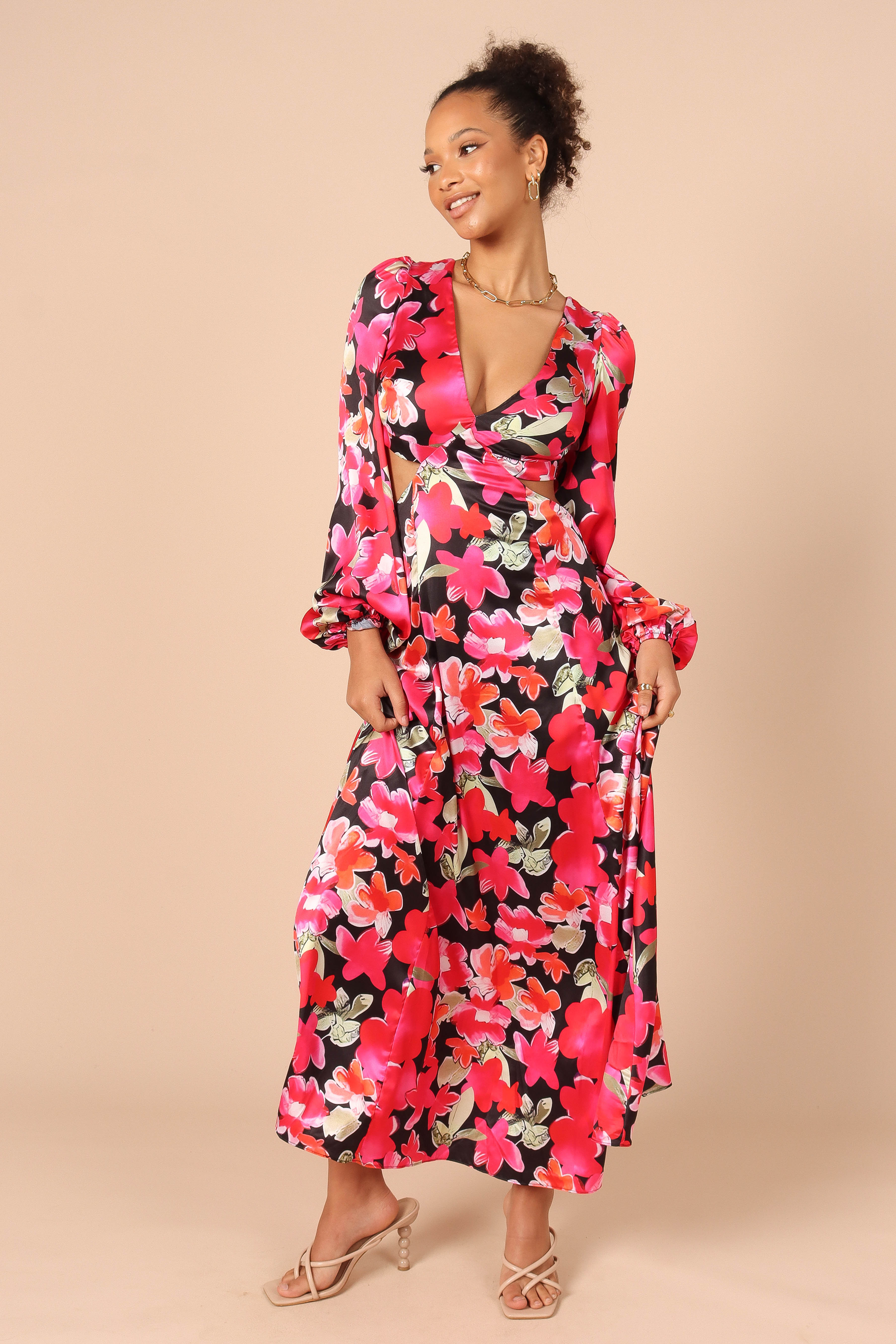 Teena Puff Sleeve Cutout Maxi Dress - Black