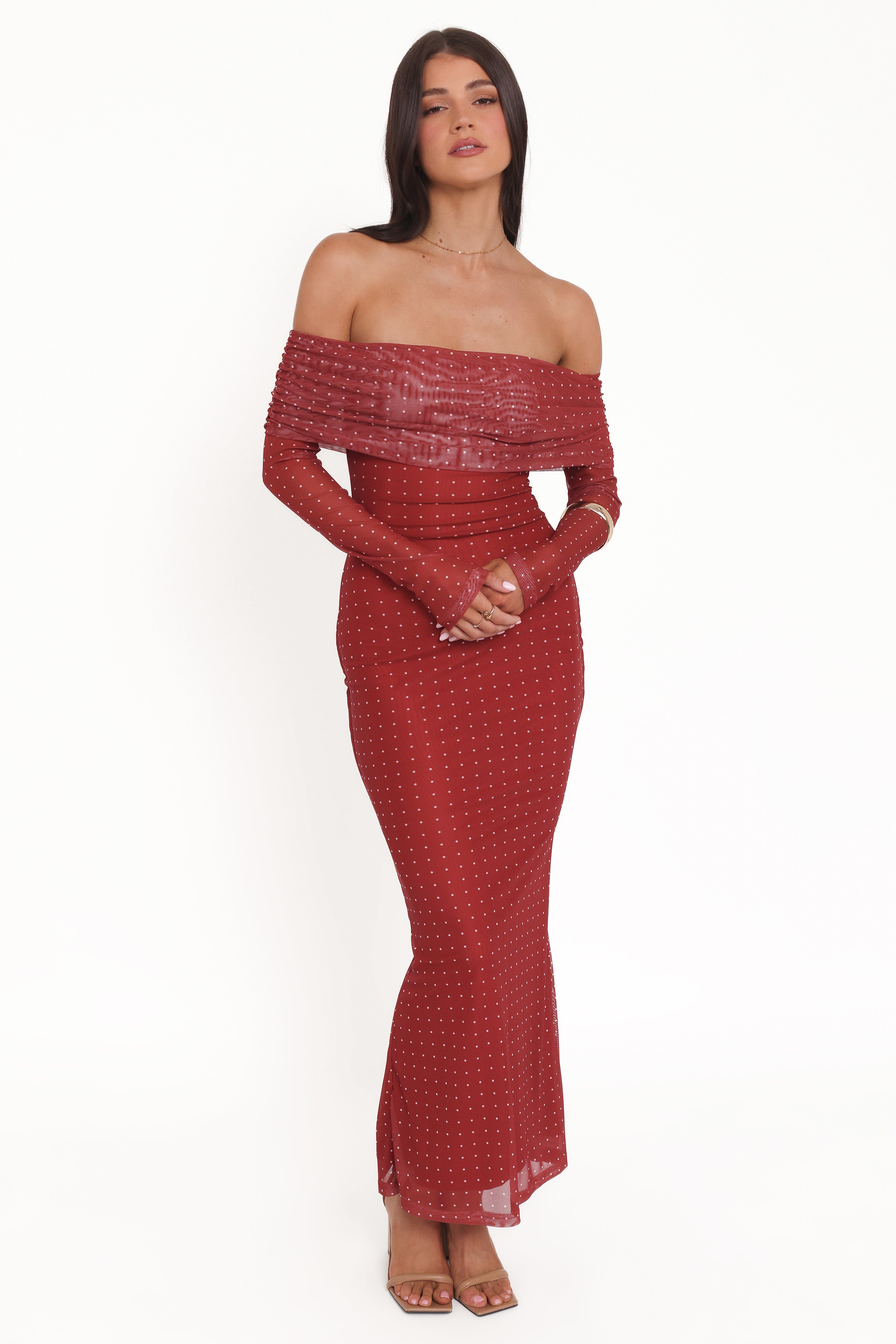 Zeva Off Shoulder Maxi Dress - Burgundy Spot