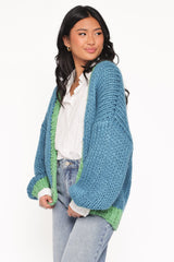 Anige Contrast Trim Cardigan - Blue/Green