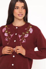Brittany Placed Embroidery Flower Cardigan - Burgundy