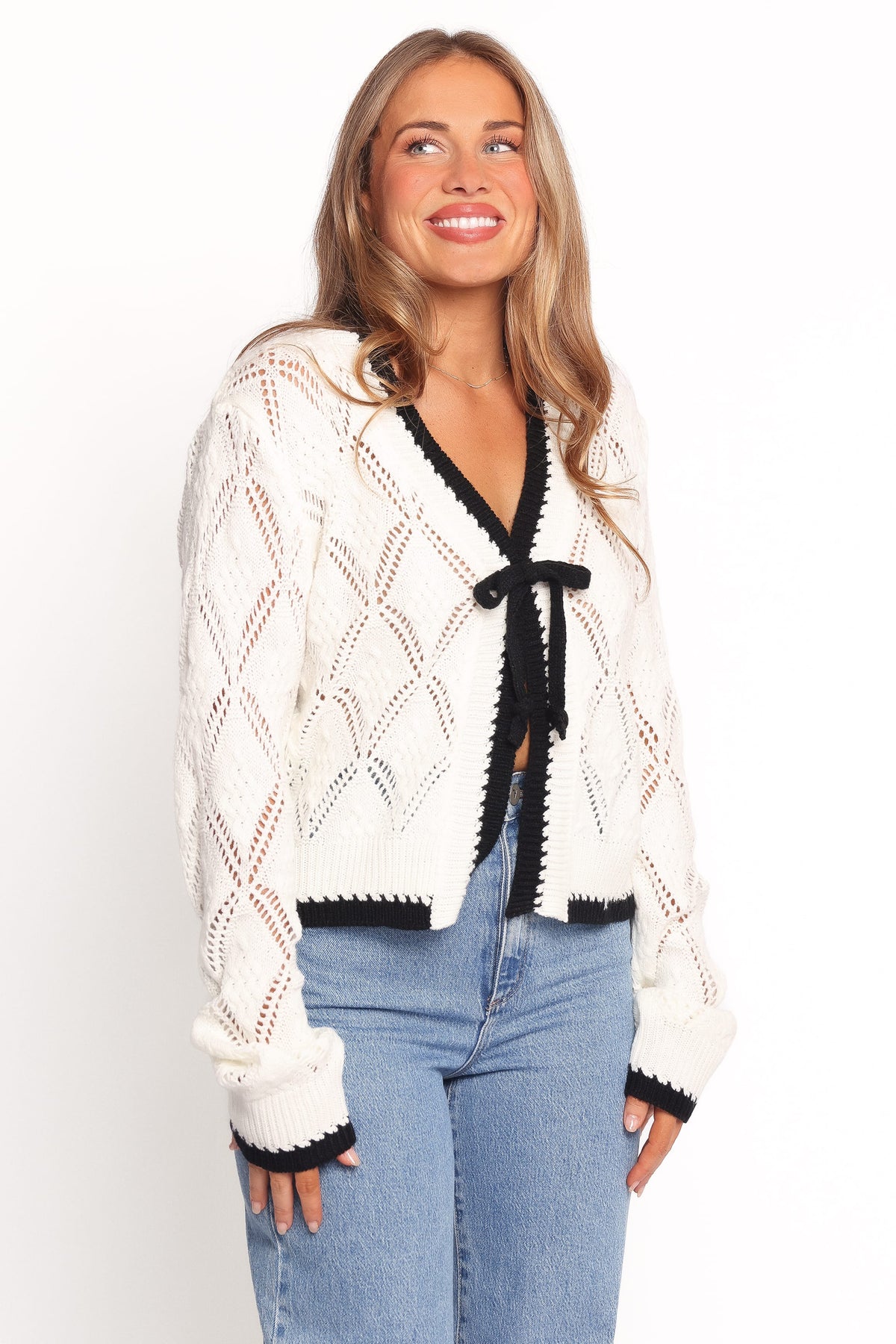 Lainy Bow Tie Font Cardigan - Cream