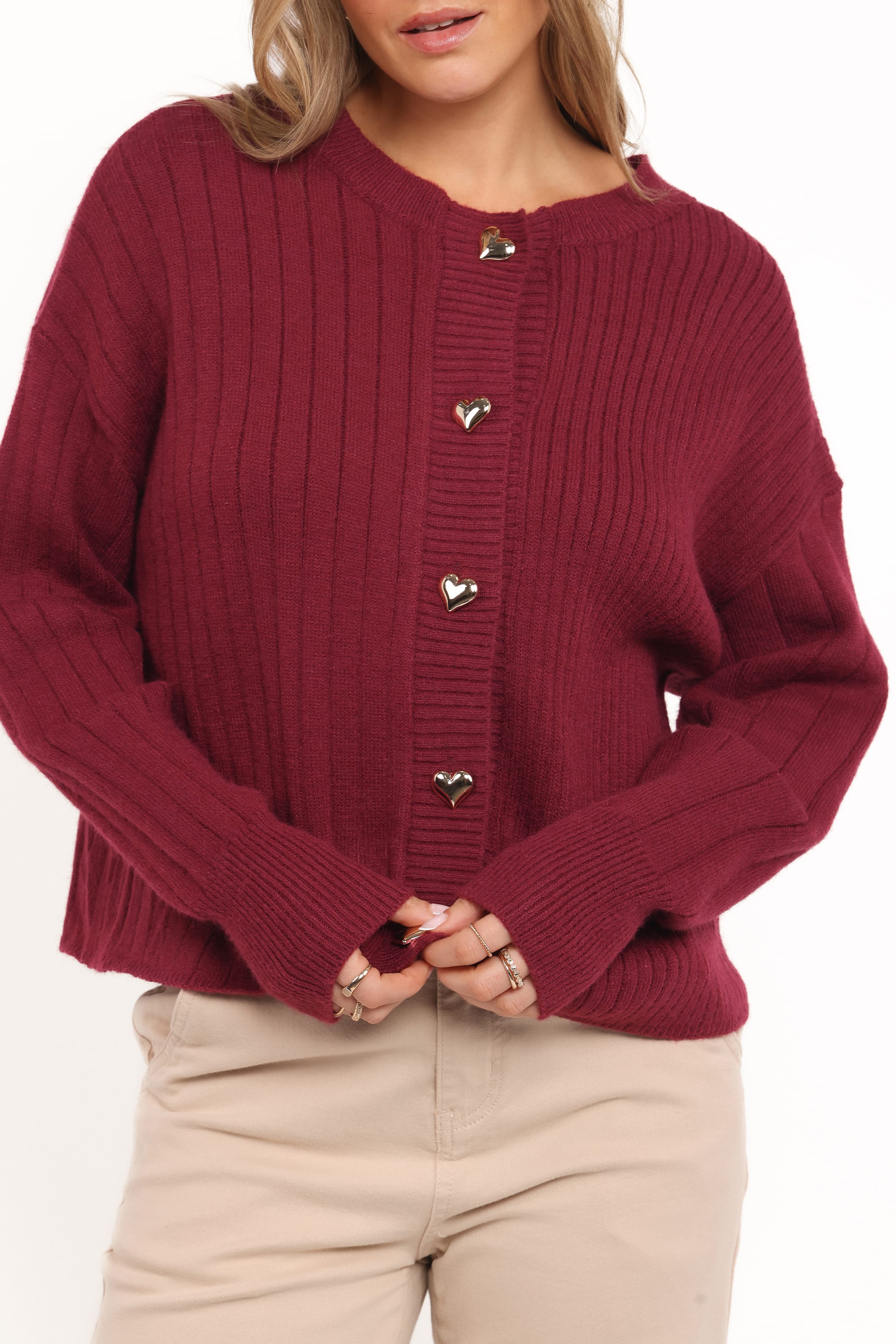 Loulani Heart Button Cardigan - Cherry