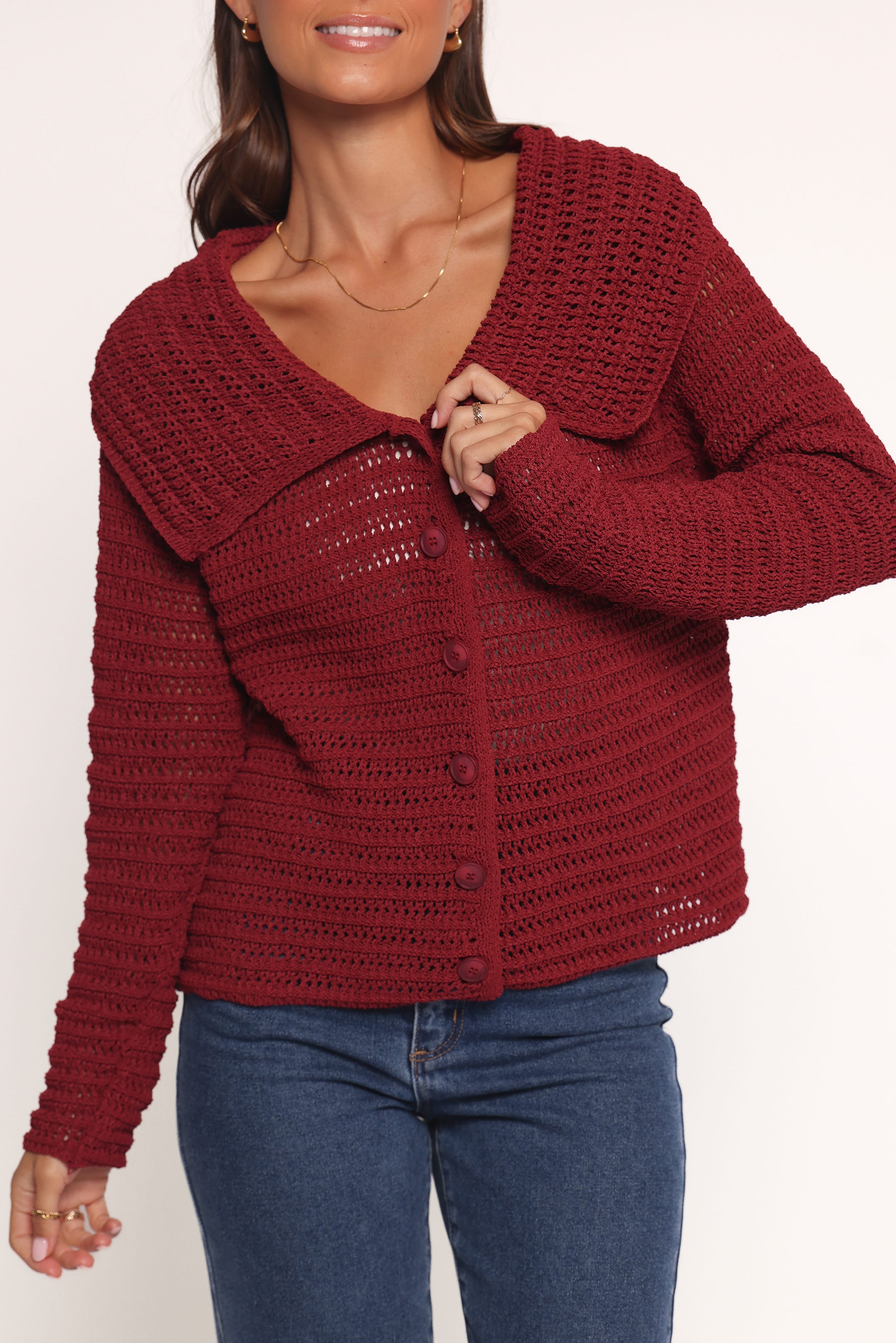 Lyra Large Collar Cardigan - Burgundy