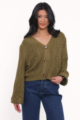 Melody Textured Button Up Cardigan - Olive