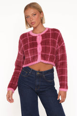 Viola Plaid Button Front Cardigan - Burgundy