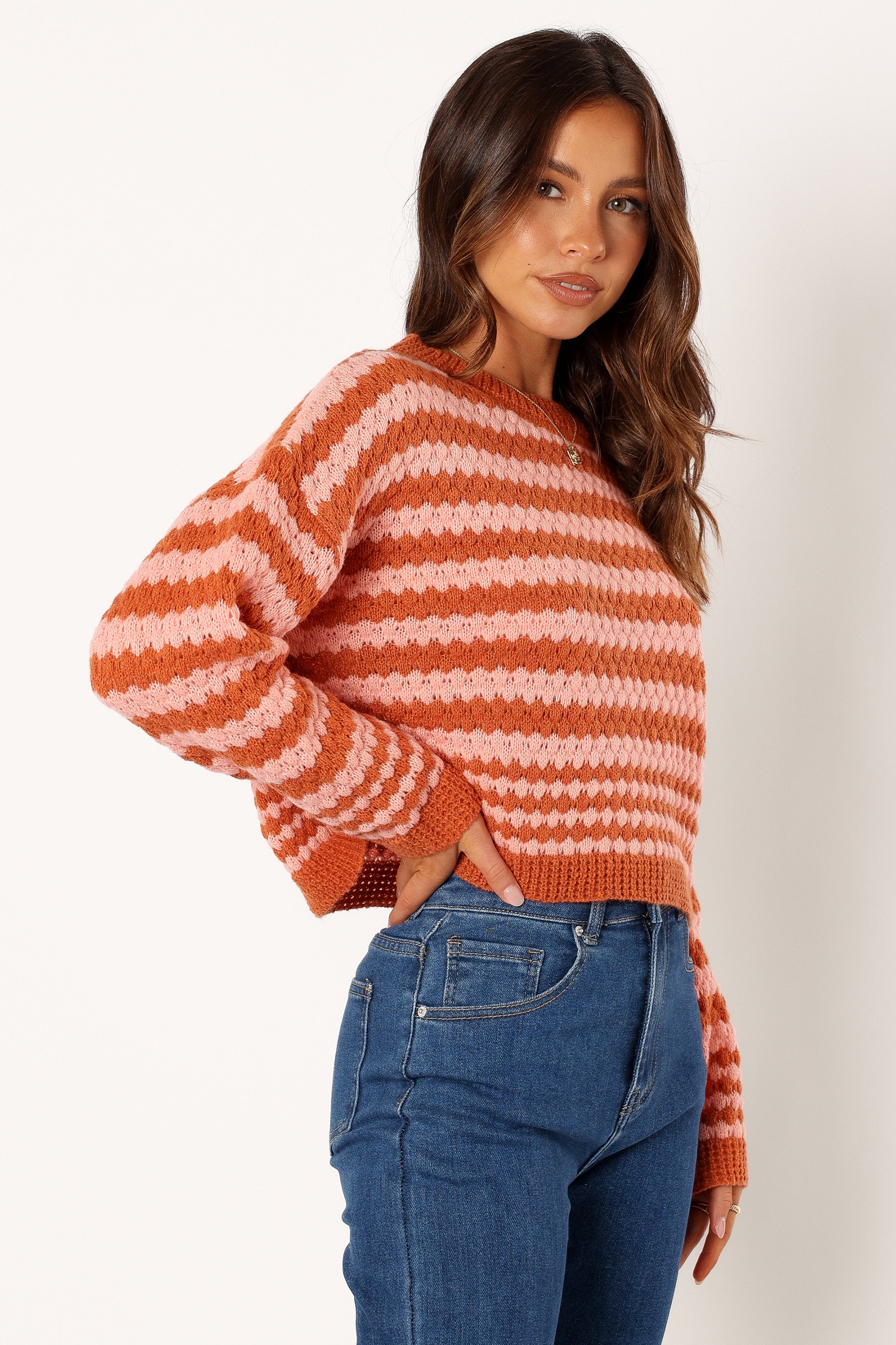 Yasmin Striped Crewneck Knit Sweater - Orange Pink