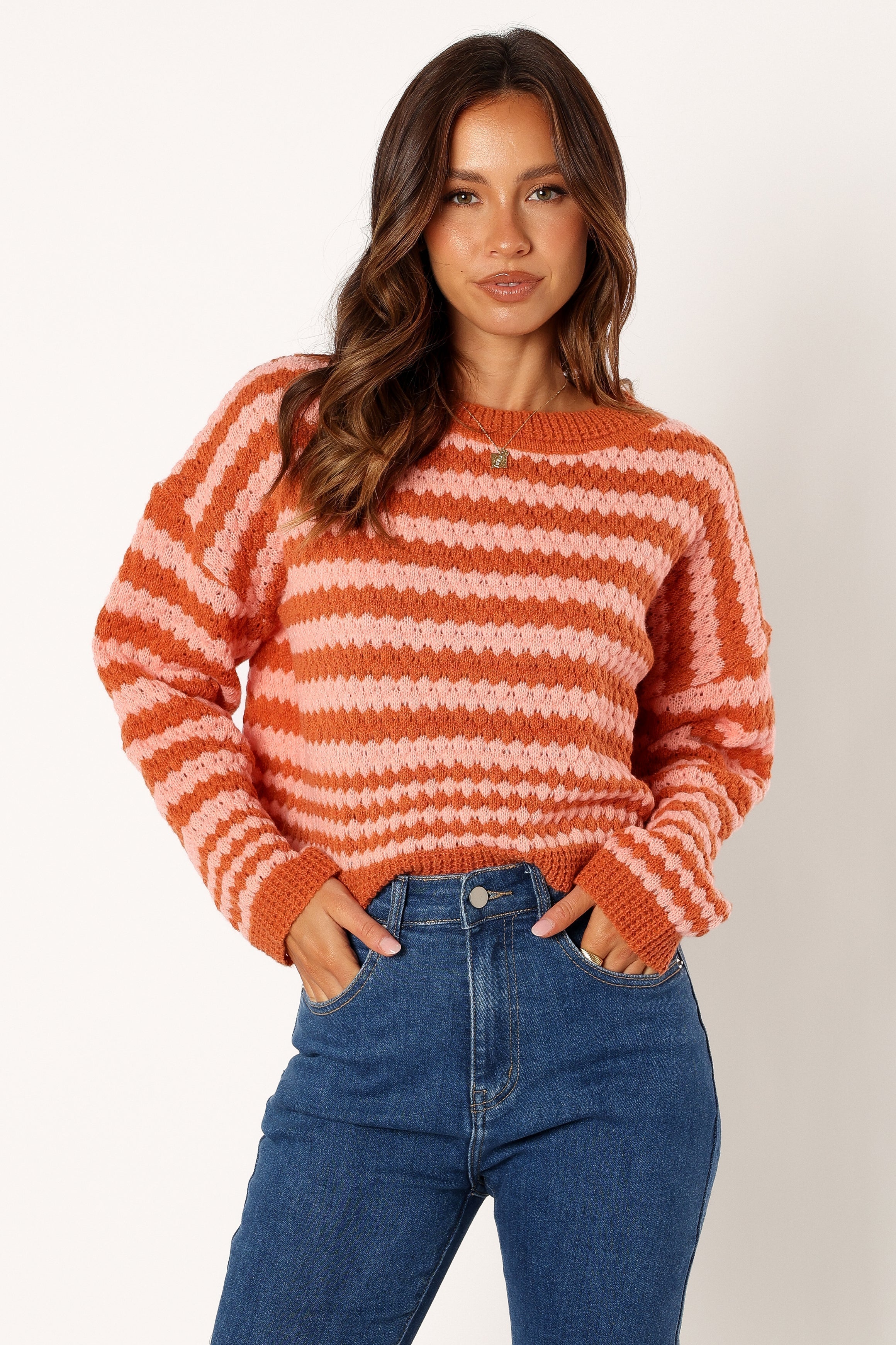 Yasmin Striped Crewneck Knit Sweater - Orange Pink