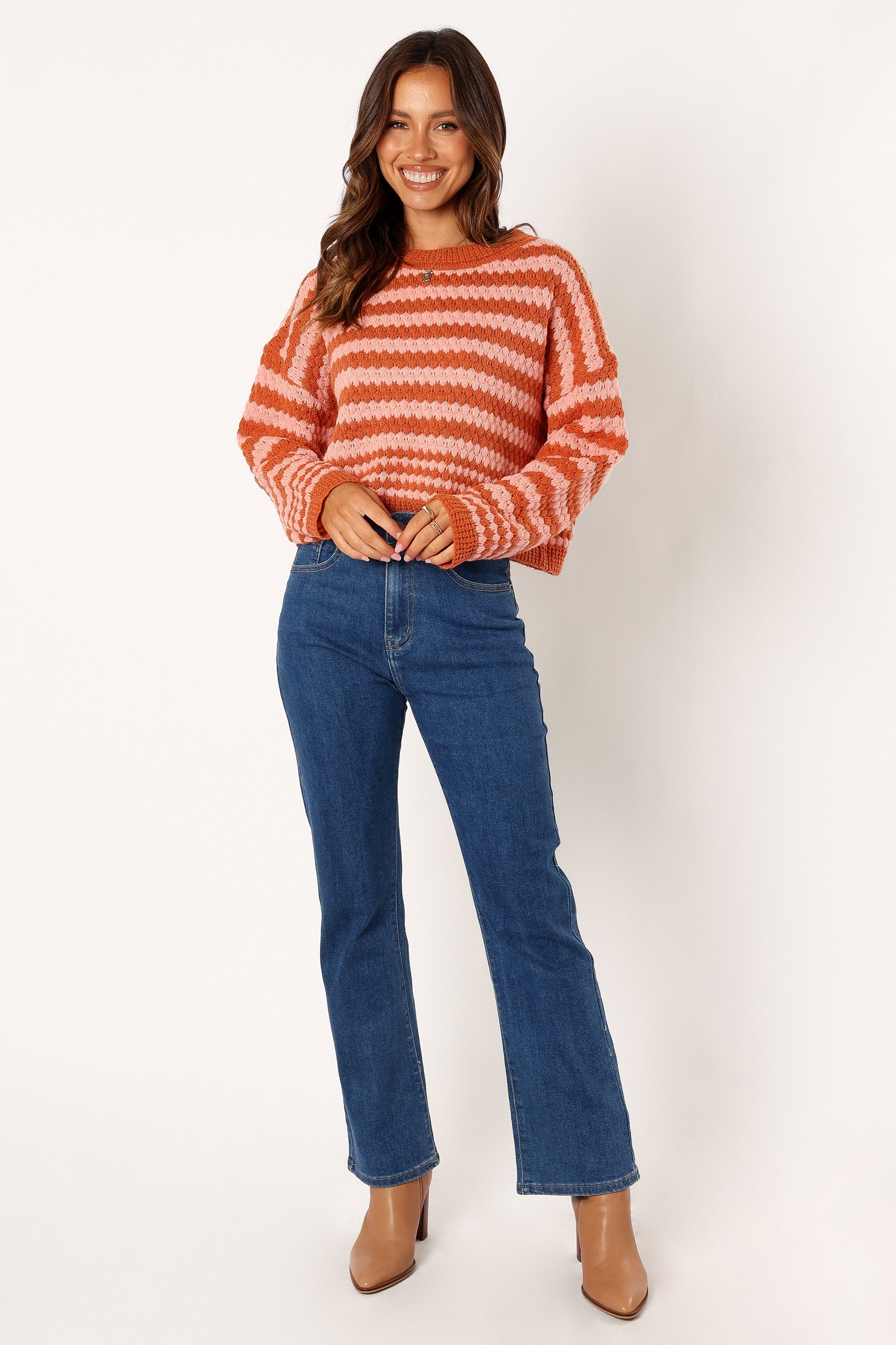 Yasmin Striped Crewneck Knit Sweater - Orange Pink