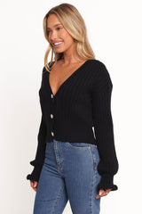 Zana Ribbed Ruffle Cuff Knit Sweater - Black