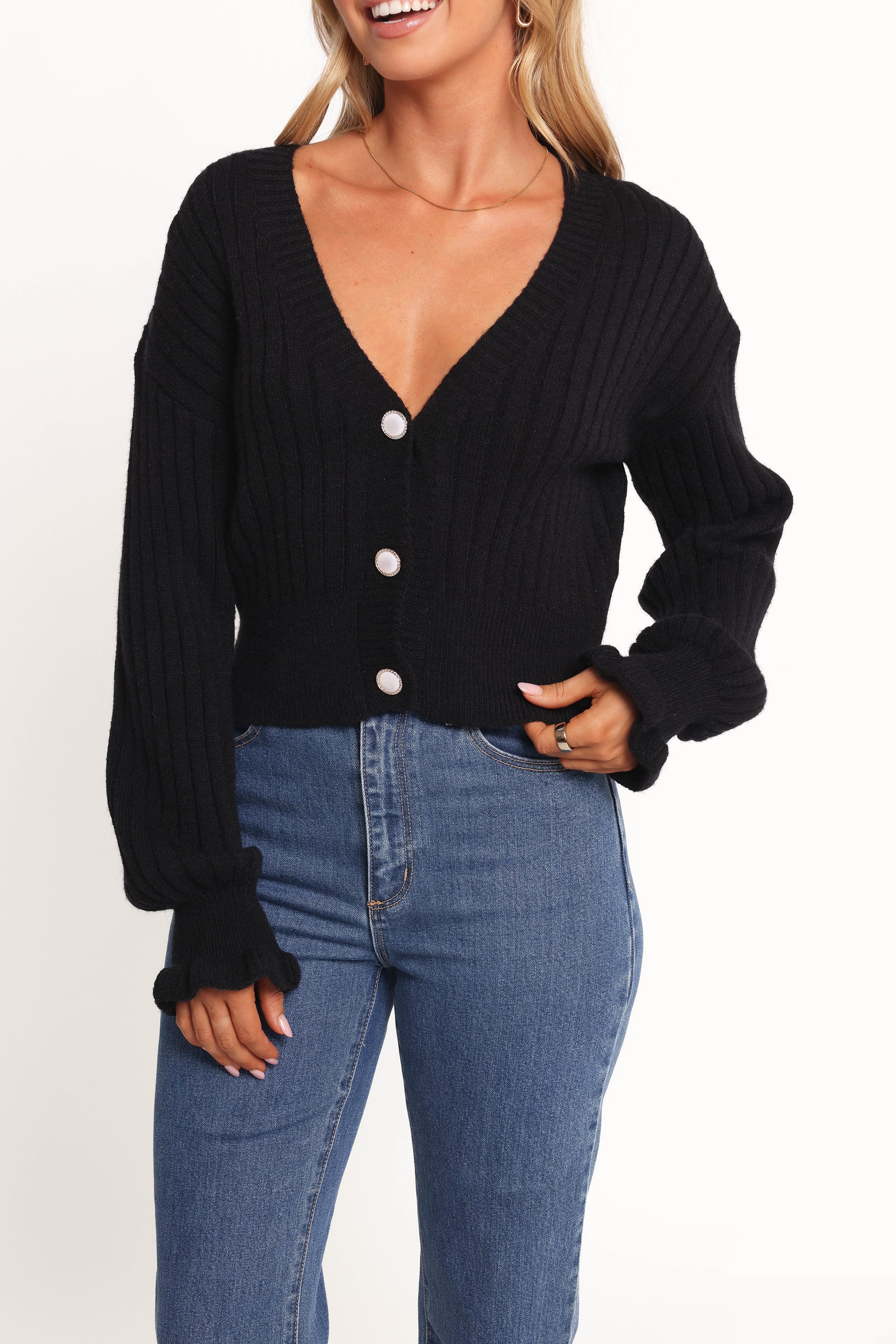 Zana Ribbed Ruffle Cuff Knit Sweater - Black
