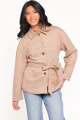 Nelly Faux Suede Cropped Trench Coat - Mushroom