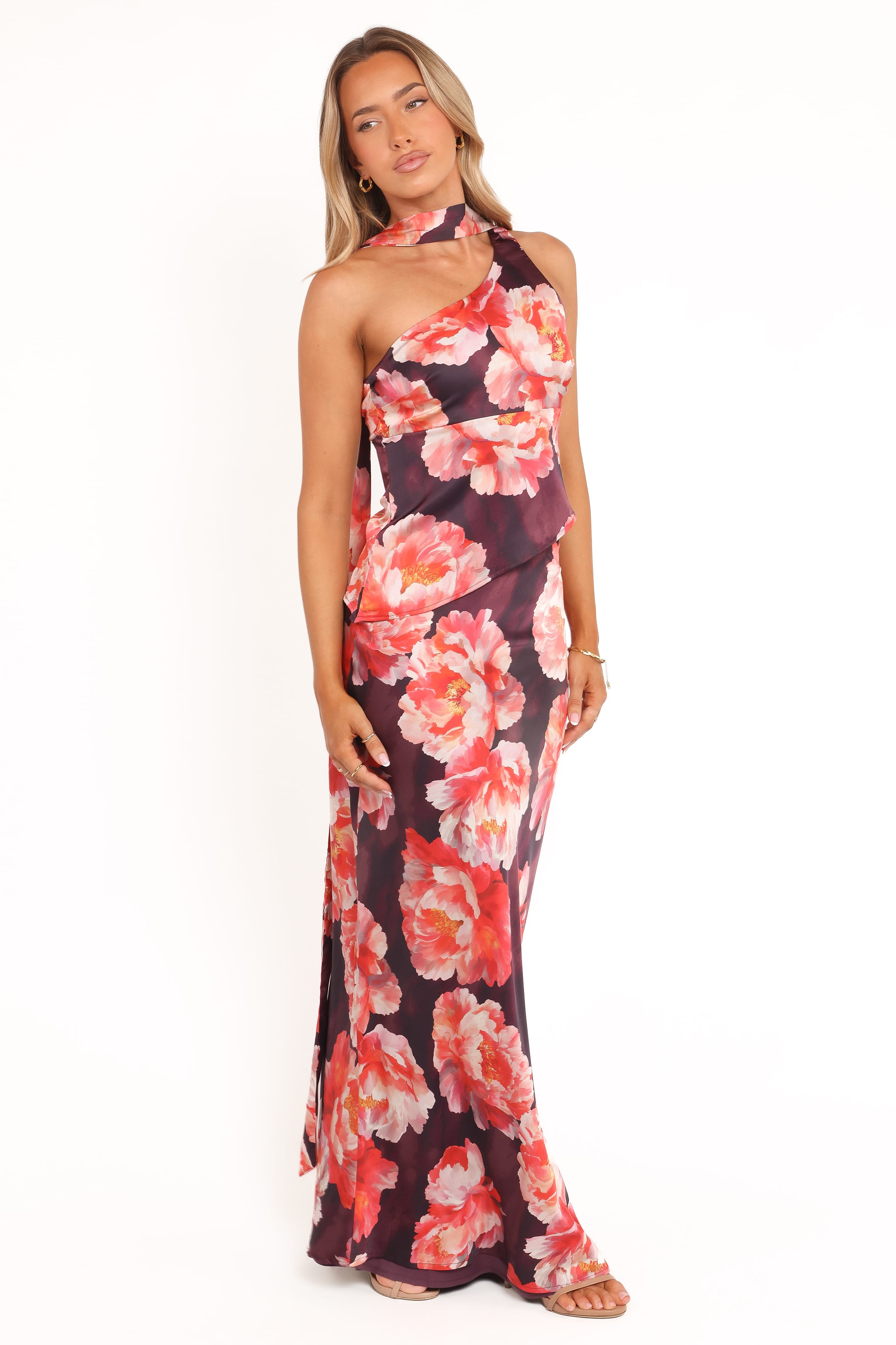 Georgina One Shoulder Skirt Set - Burgundy Peony