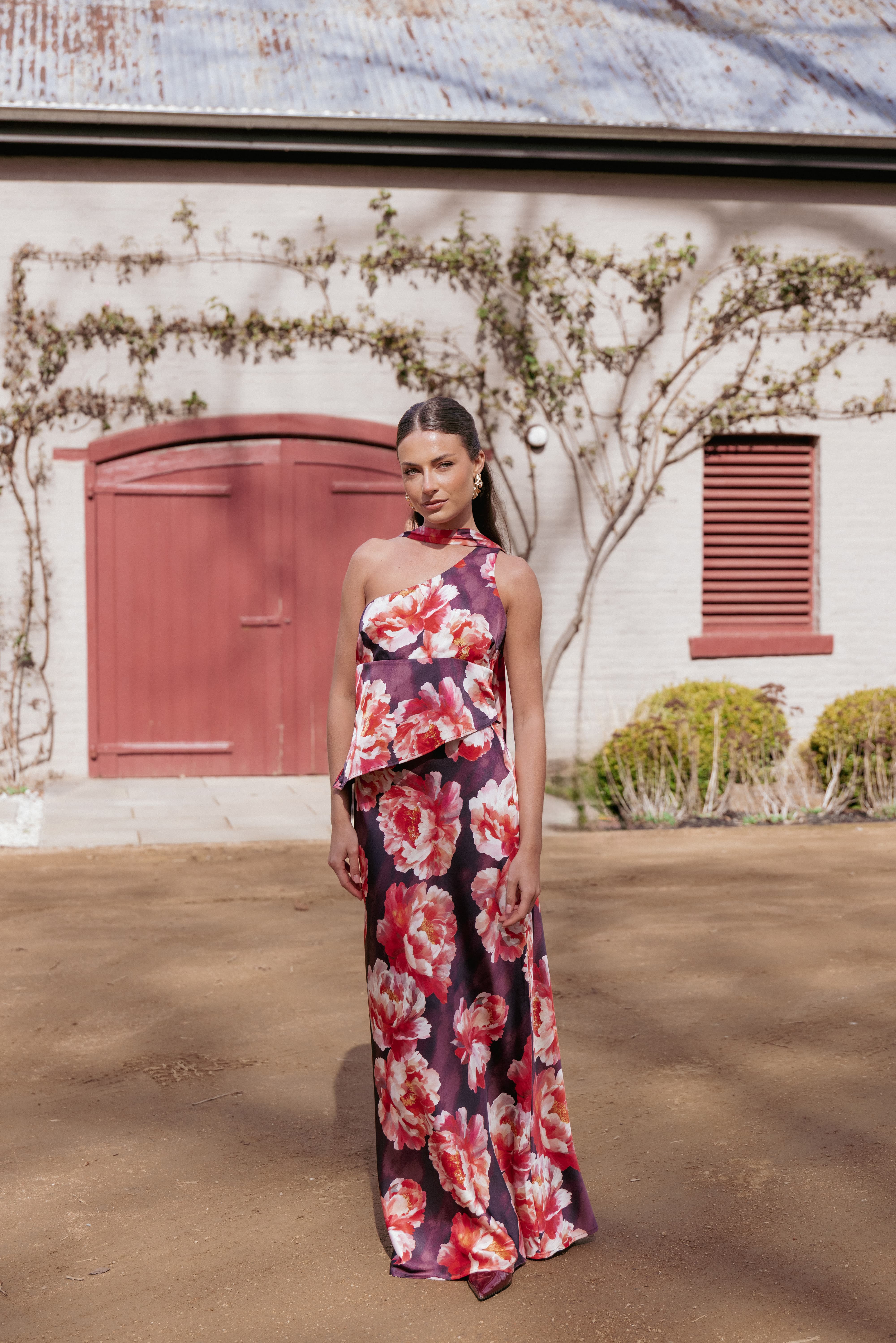 Georgina One Shoulder Skirt Set - Burgundy Peony
