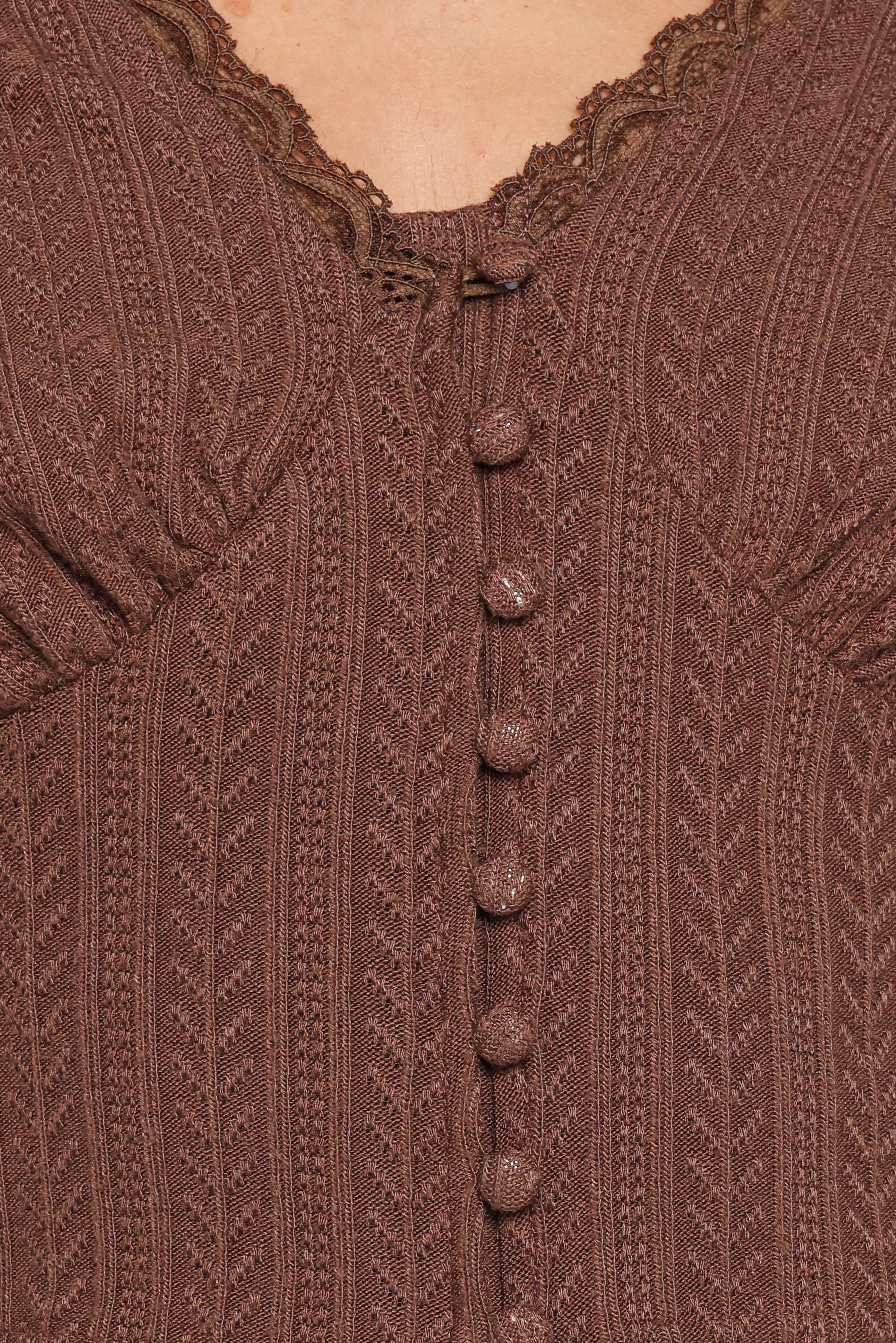 Leslie Long Sleeve Textured Button Front Top - Chocolate