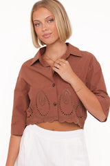 Williams Cropped Eyelet Button Up Shirt - Brown