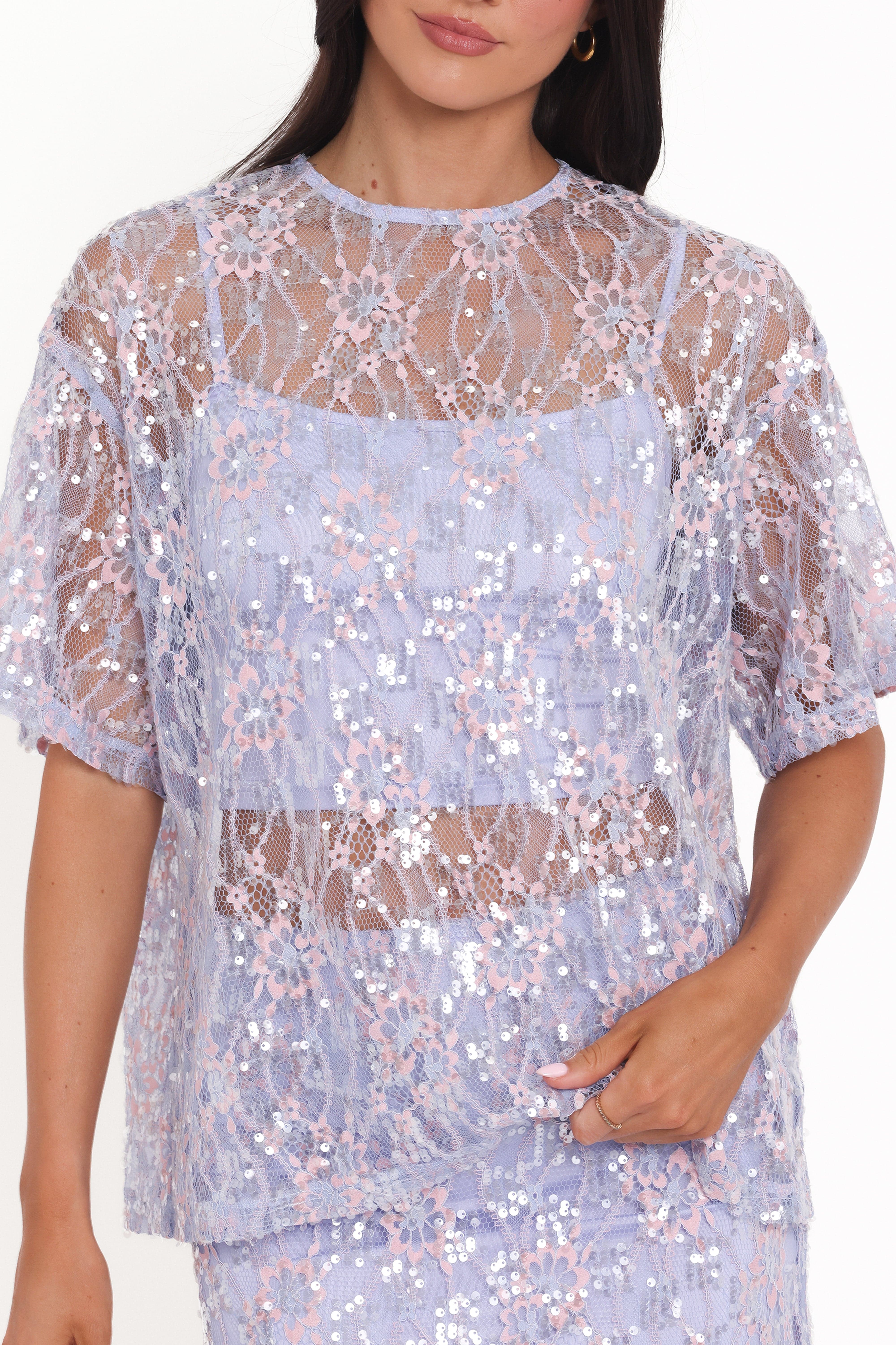 Yonder Sheer Lace Tee Top - Purple